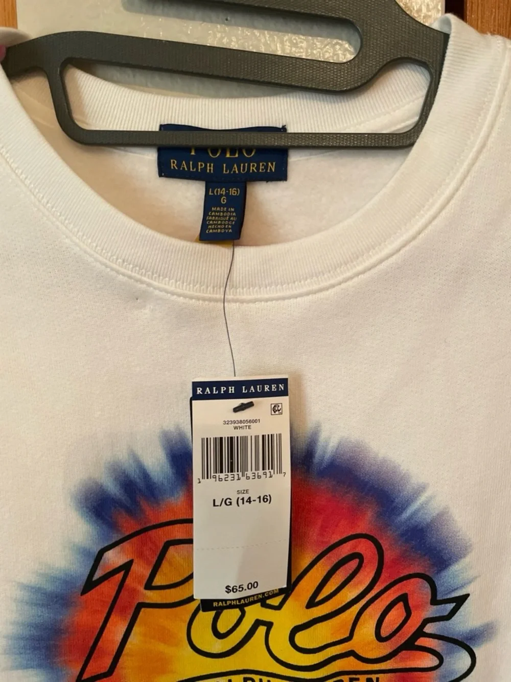 Ralph Lauren White Crewneck with Multicolor Tie-Dye Polo Graphic